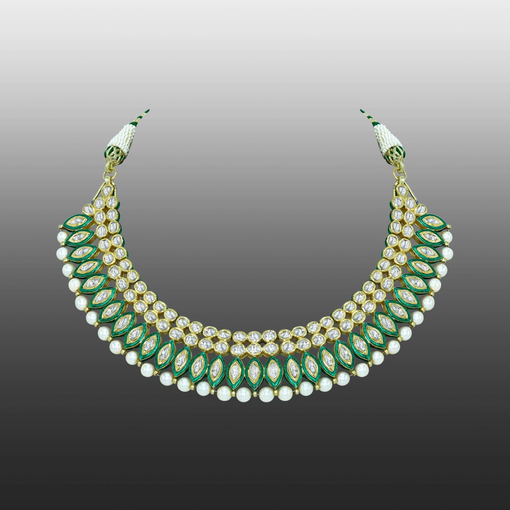 Polki Diamond Necklace with Green Enamel and Pearls